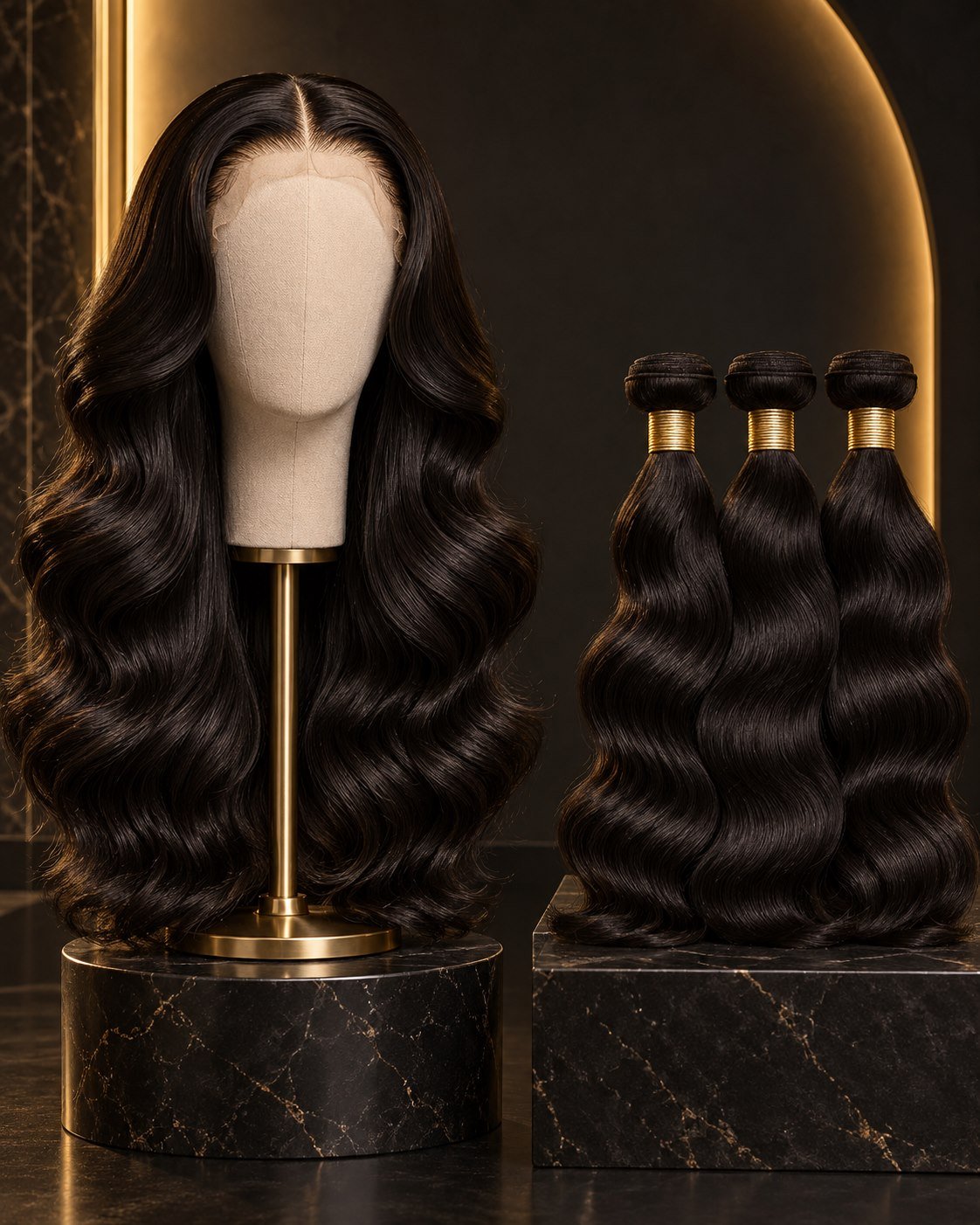 Luxury lace wig and raw hair bundles displayed side by side